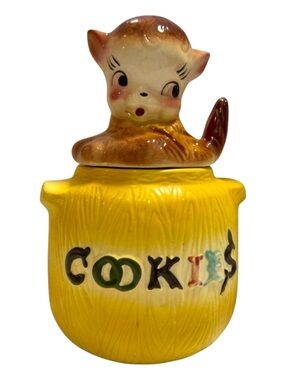 Vintage American Bisque cute Puppy Cookie Jar Yellow & Brown Ceramic made in USA
